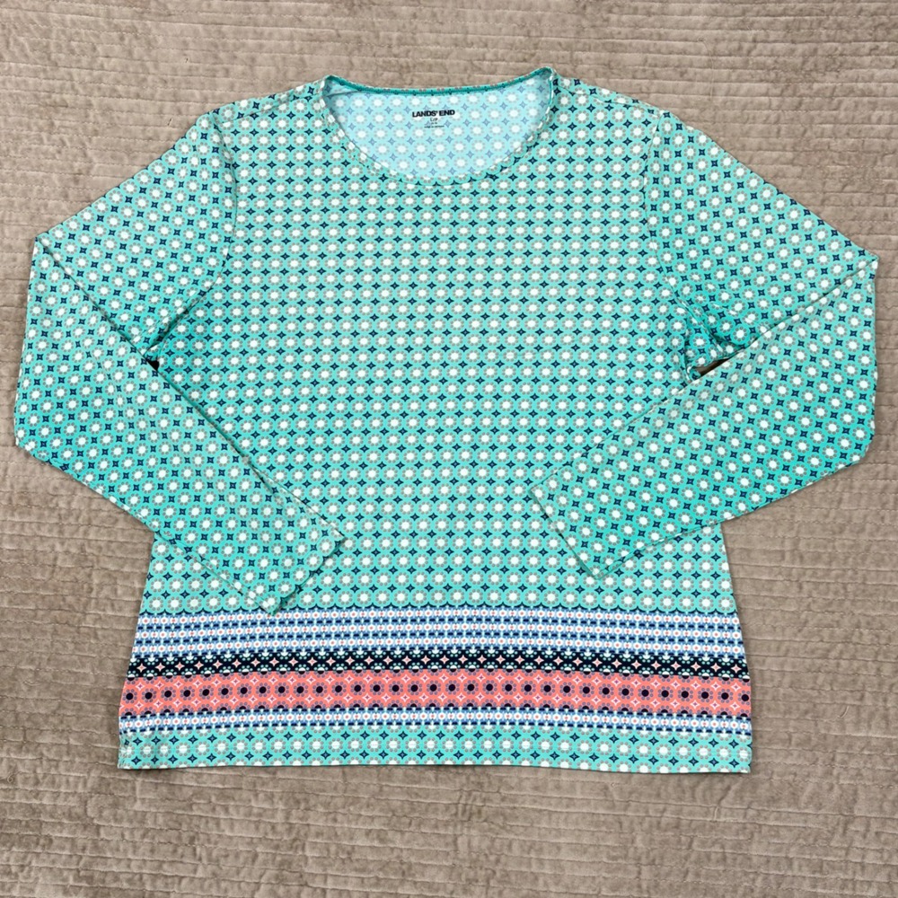 Lands End Womens Large Aqua Teal Geometric Medallion Long Sleeve Top 502593